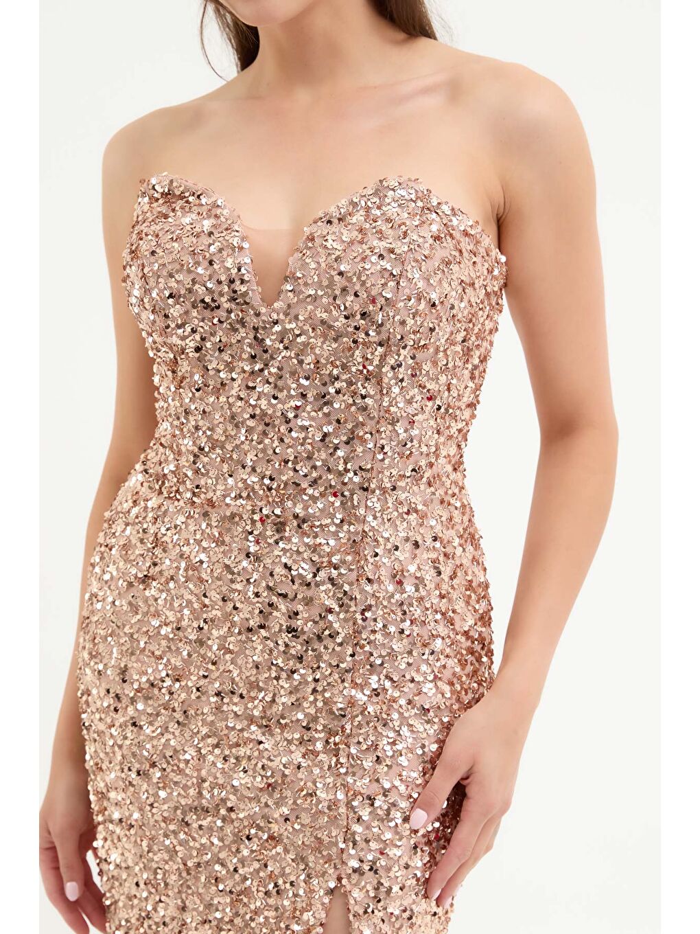 Sarı Kadın Gold Straplez Yaka Pul Payet Midi Abiye Elbise-3