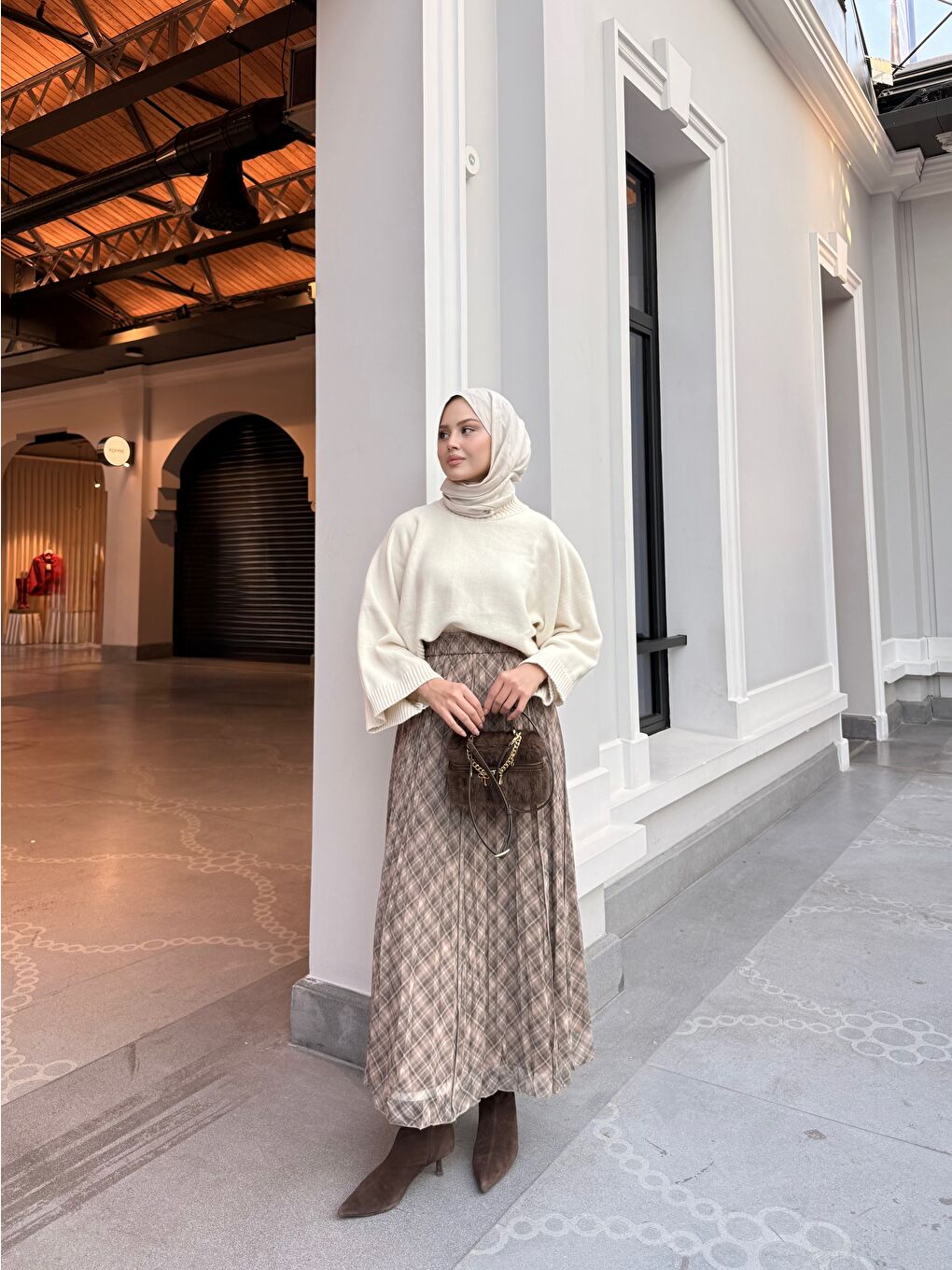 Bej Kadın Dikiş Detay Etnik Desen Beli Lastikli Şifon Etek Vizon-1