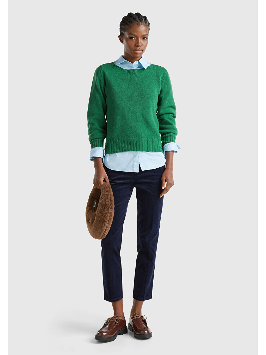 Kadın Yeşil Yün Karışımlı Dar Kesim Kayık Yaka Kazak