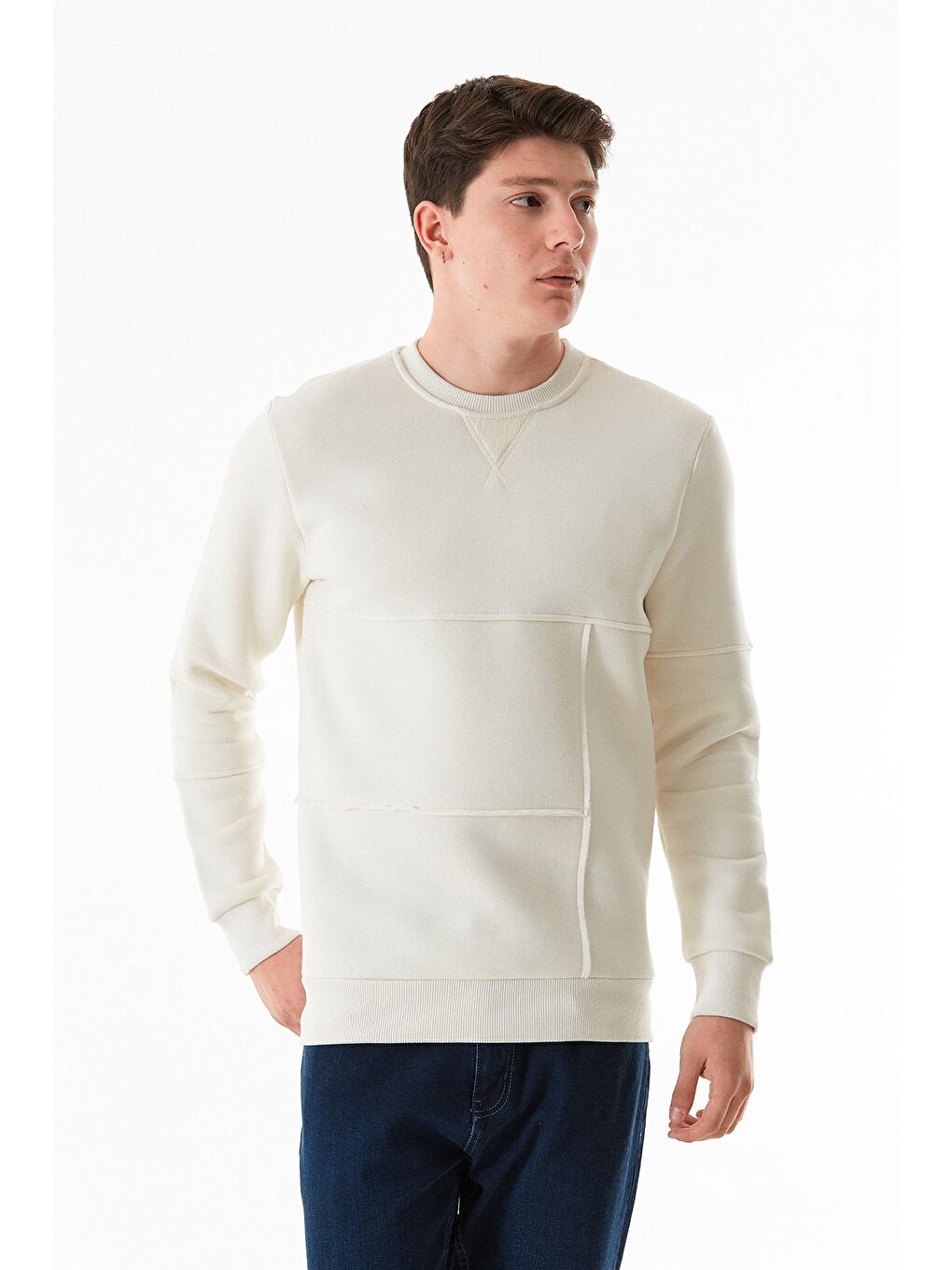 Fullamoda Ekru 3 İplik Basic Bisiklet Yaka Erkek 2Sweatshirt