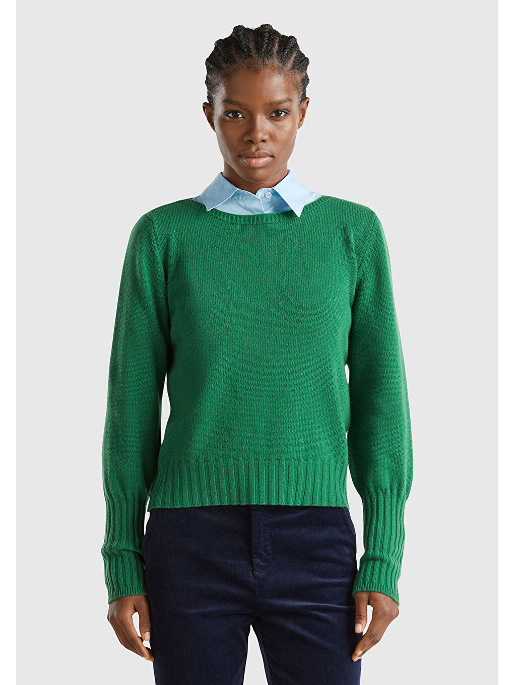 Kadın Yeşil Yün Karışımlı Dar Kesim Kayık Yaka Kazak-1