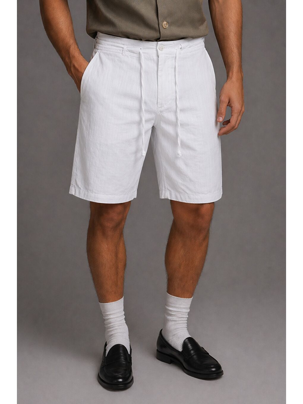 Beyaz Erkek %100 Pamuk Linen Şort Rahat Kesim Yazlık Şort