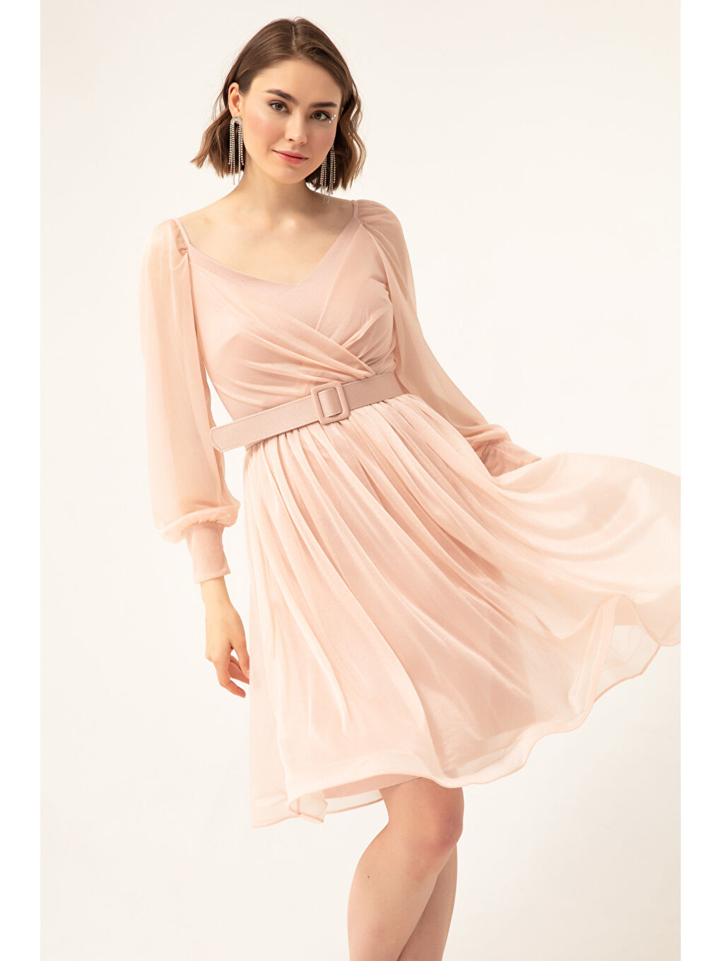 Pembe Kadın Pudra Kemerli Midi Simli Abiye Elbise