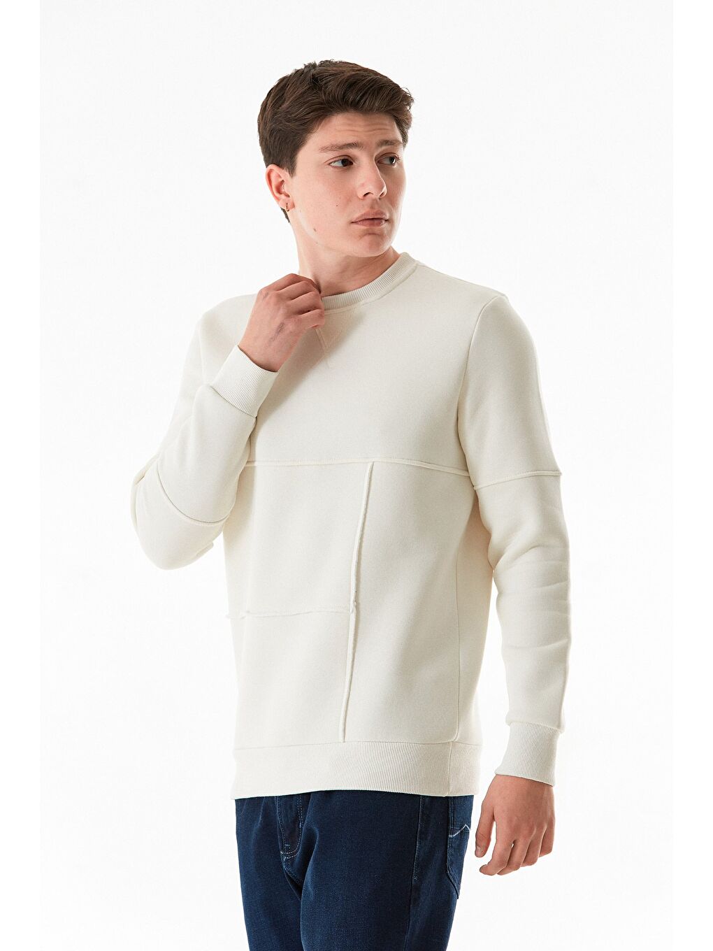 Fullamoda Ekru 3 İplik Basic Bisiklet Yaka Erkek 2Sweatshirt - 1