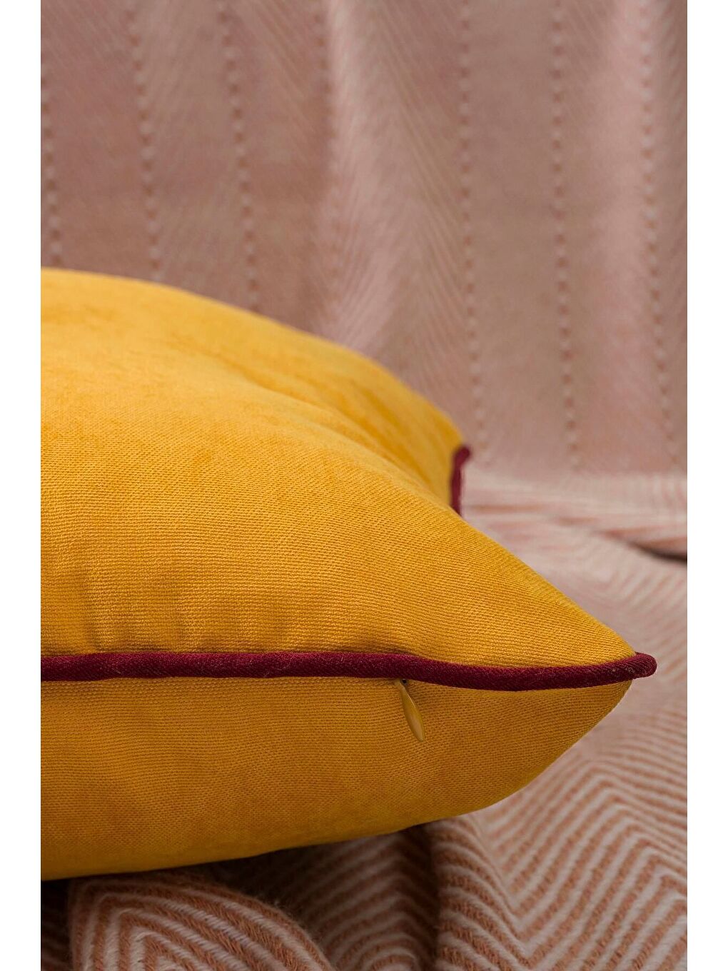 Renk Seçenekli Bordo Biyeli Sarı Kırlent Kılıfı Dekoratif Düz Sade Punch Panoroma Panbiy-2