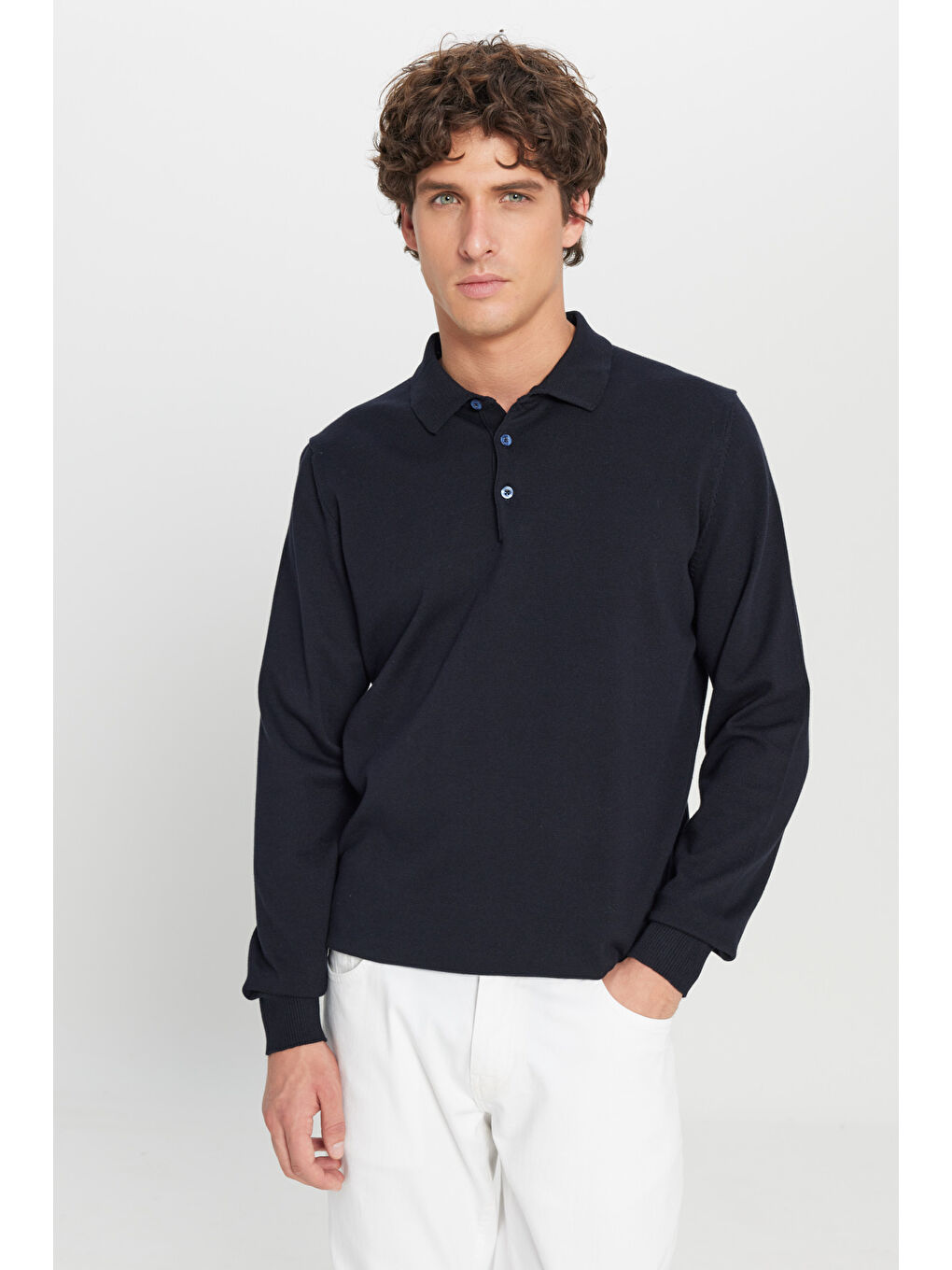 Erkek Lacivert Pamuklu Standart Fit Normal Kesim Polo Yaka Triko Kazak