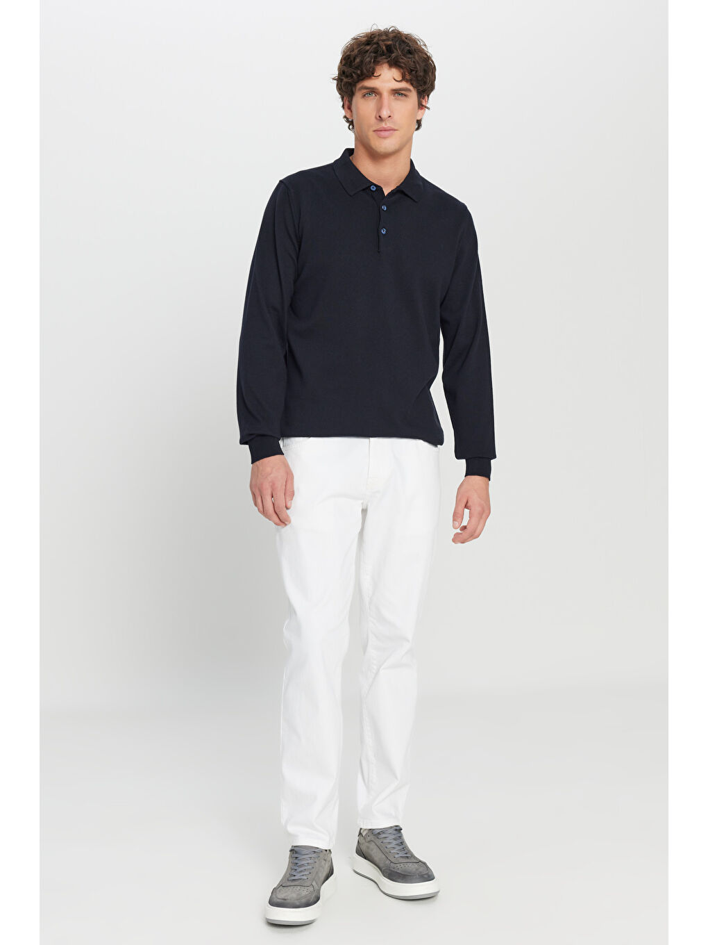 Erkek Lacivert Pamuklu Standart Fit Normal Kesim Polo Yaka Triko Kazak-1