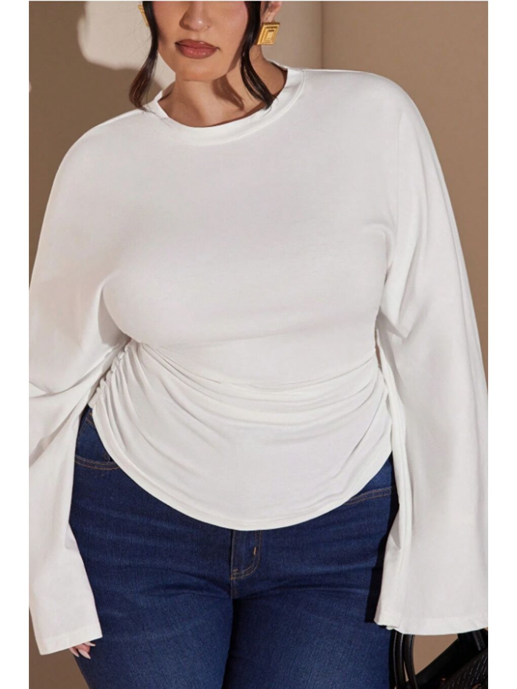 Beyaz Büyük Beden Uzun Kollu Günlük Düz Renk Büzgülü Bel Geniş Kollu T-Shirt-1