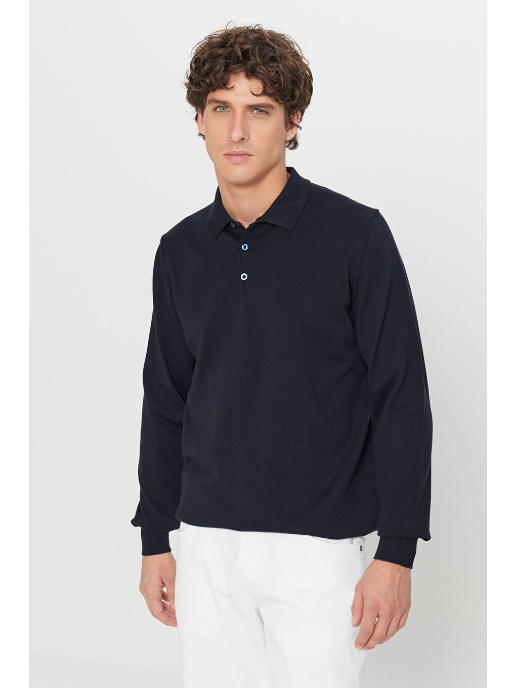 Erkek Lacivert Pamuklu Standart Fit Normal Kesim Polo Yaka Triko Kazak-2