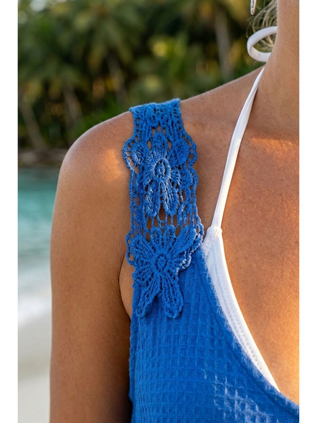 Lavanta Mavisi Havuz Yaka Kolsuz Dantelli Omuz Casual Müslin Dokuma Elbise 95 63-1