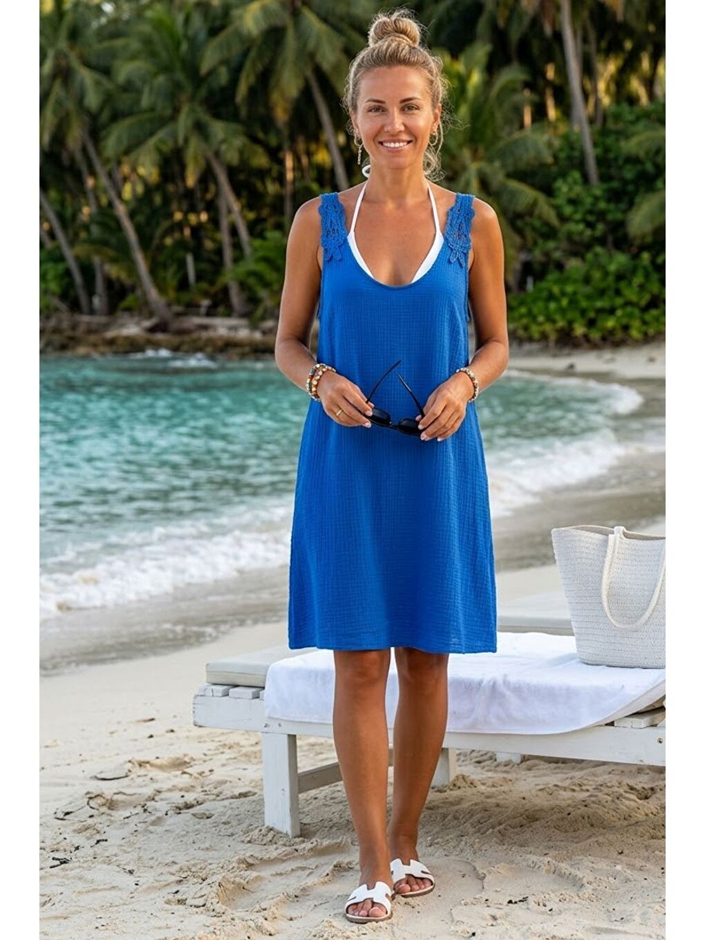 Lavanta Mavisi Havuz Yaka Kolsuz Dantelli Omuz Casual Müslin Dokuma Elbise 95 63-2