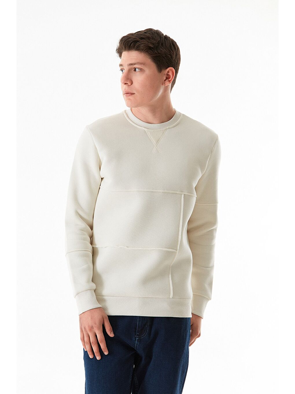 Ekru 3 İplik Basic Bisiklet Yaka Erkek Sweatshirt-4