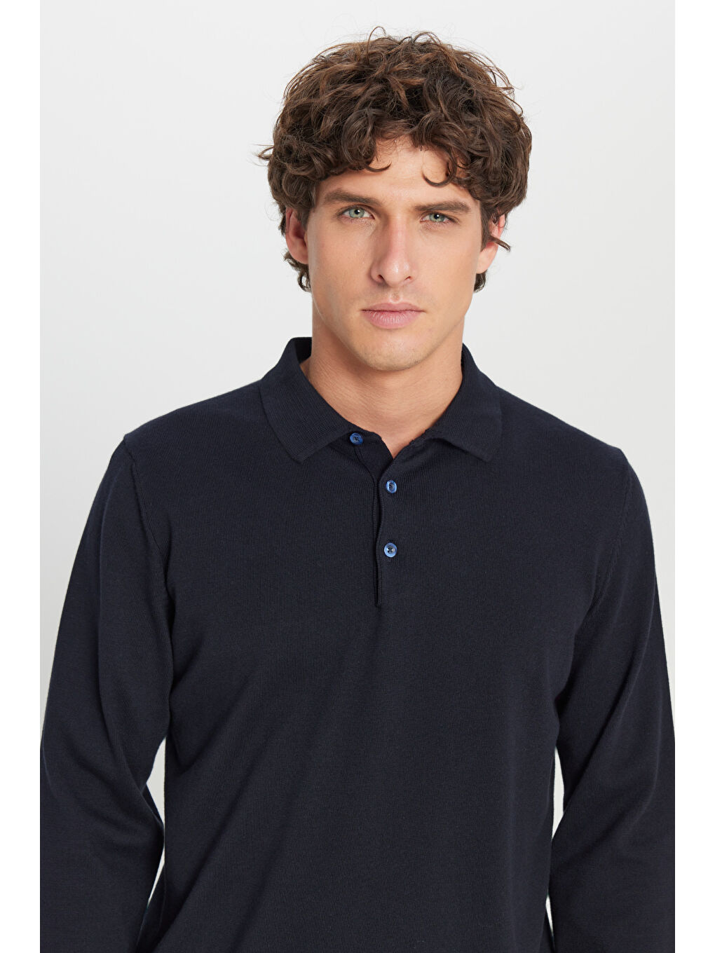 Erkek Lacivert Pamuklu Standart Fit Normal Kesim Polo Yaka Triko Kazak-3