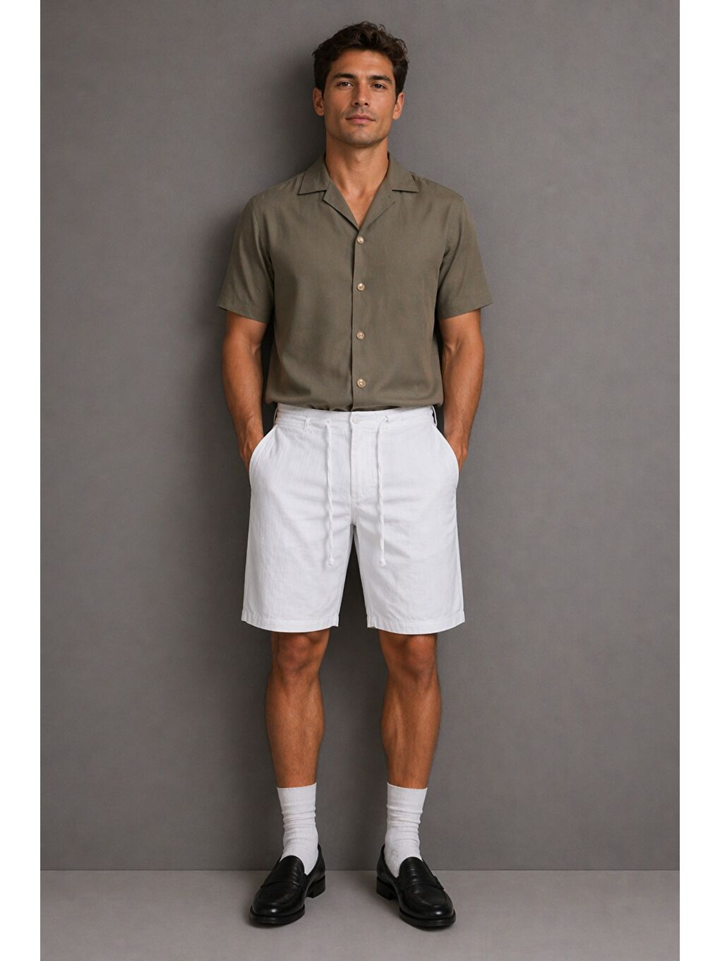 Beyaz Erkek %100 Pamuk Linen Şort Rahat Kesim Yazlık Şort-1