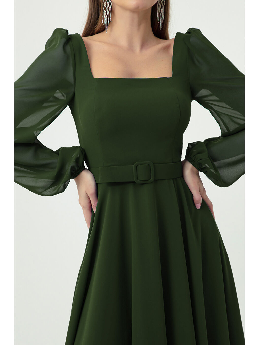 Kadın Haki Kare Yaka Kemerli Midi Şifon Abiye Elbise-1