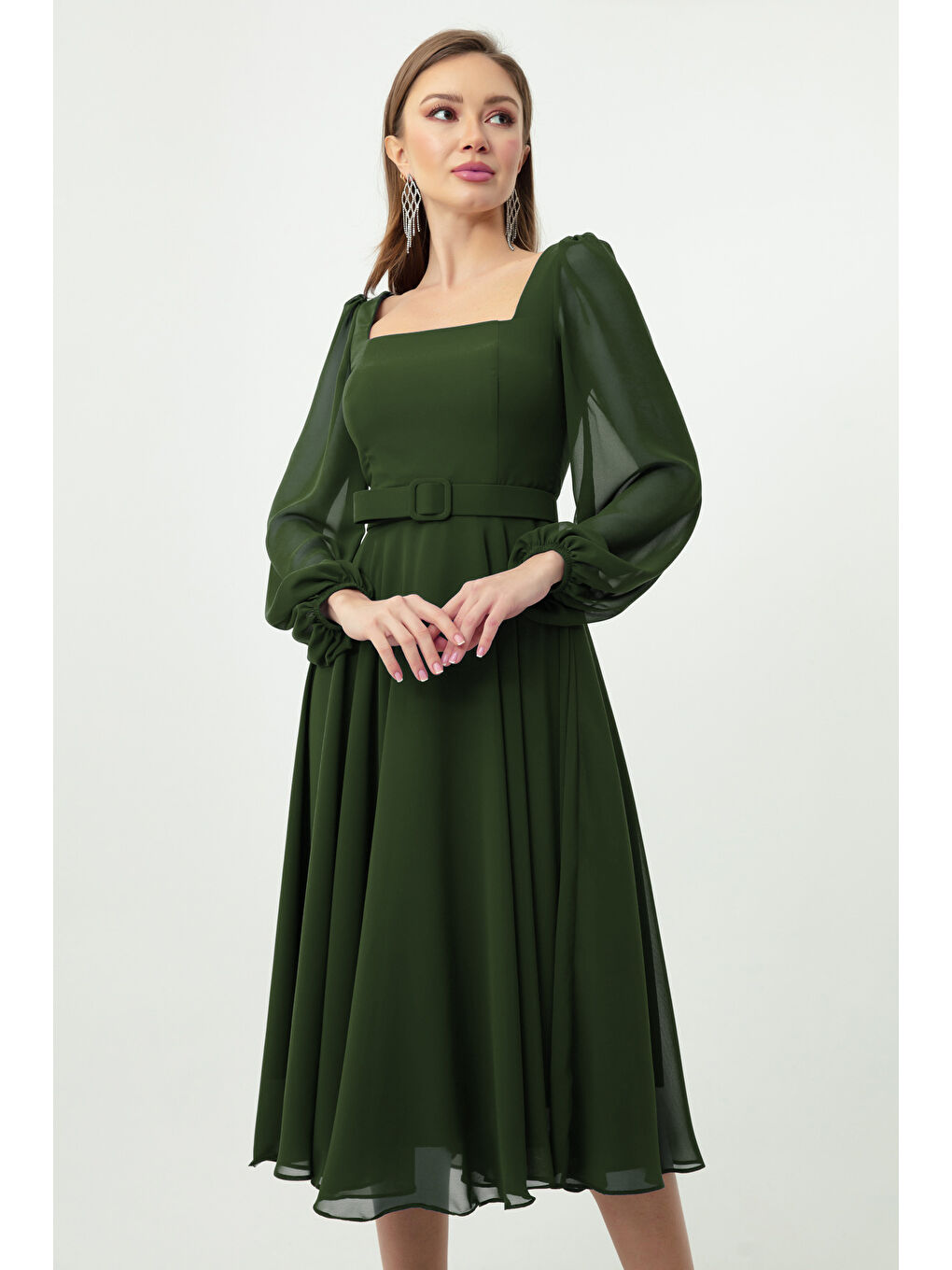 Kadın Haki Kare Yaka Kemerli Midi Şifon Abiye Elbise-2