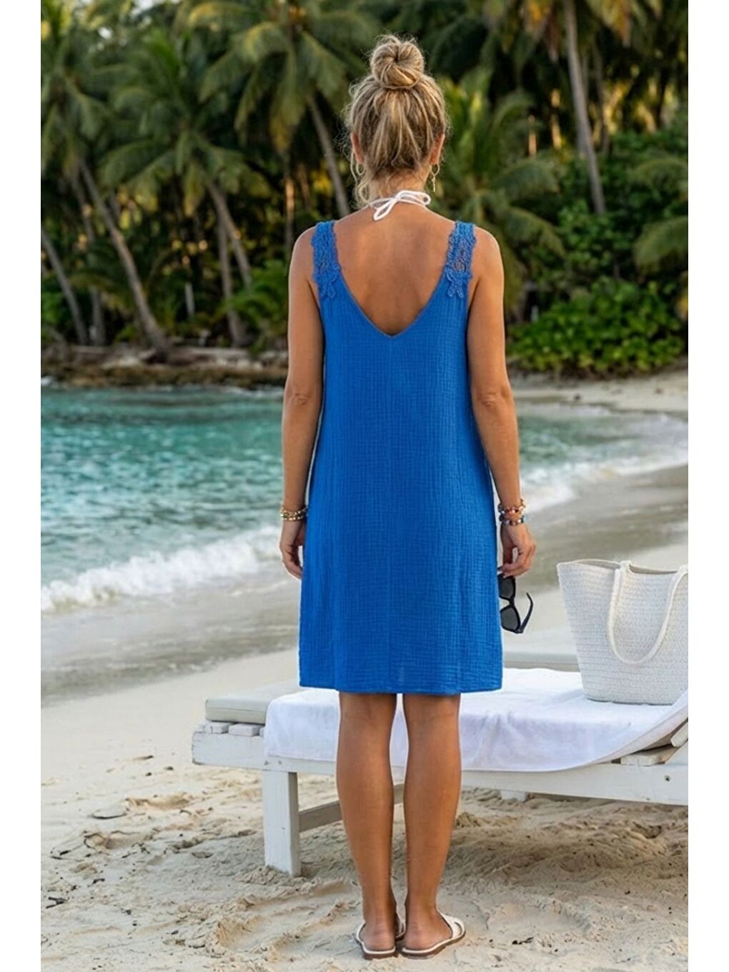 Lavanta Mavisi Havuz Yaka Kolsuz Dantelli Omuz Casual Müslin Dokuma Elbise 95 63-4