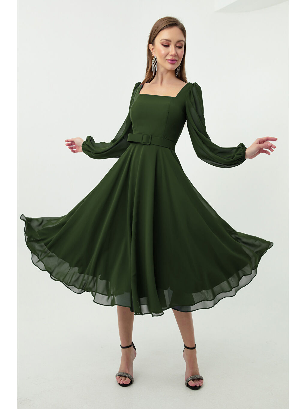 Kadın Haki Kare Yaka Kemerli Midi Şifon Abiye Elbise-3