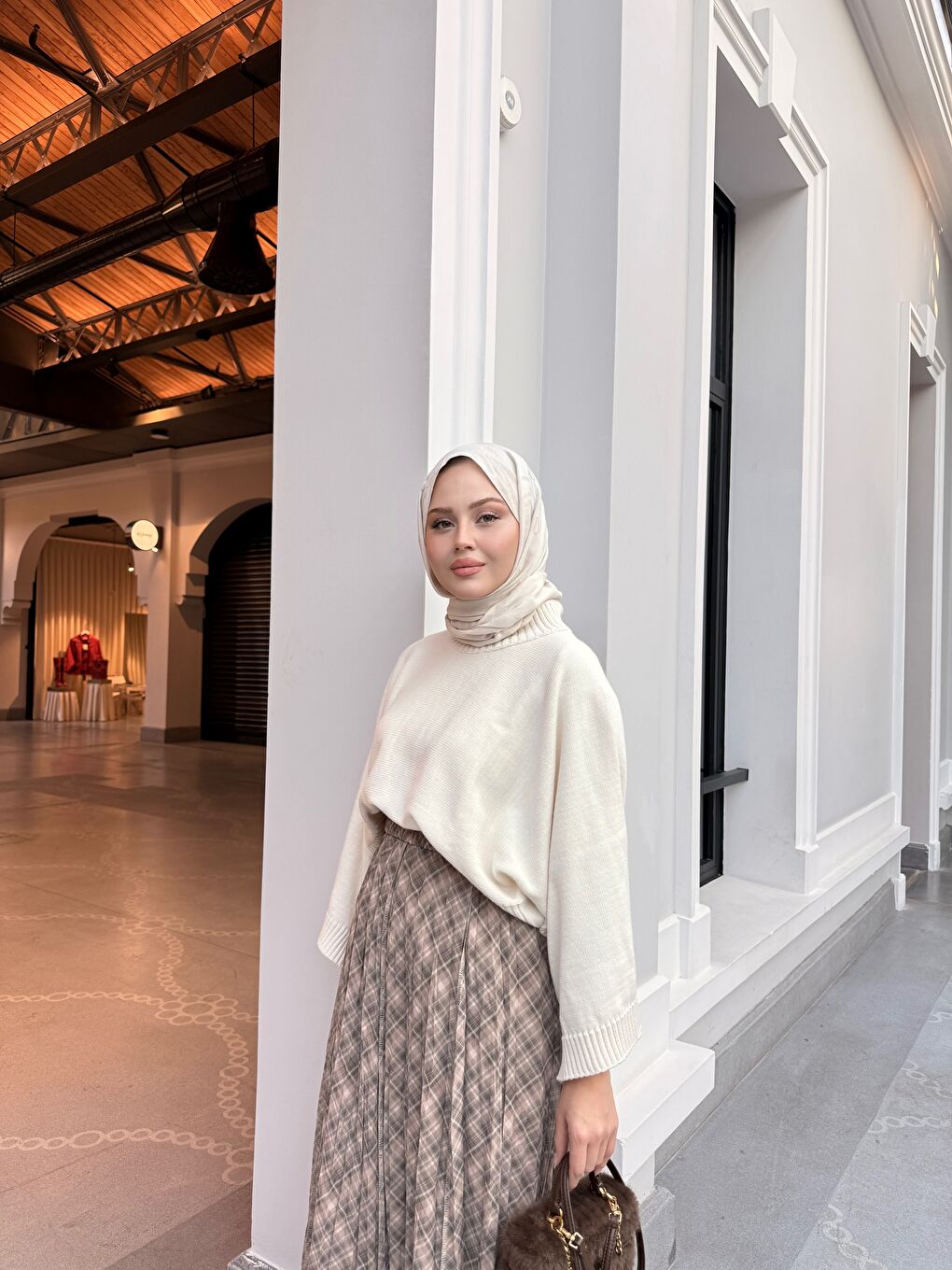 Bej Kadın Dikiş Detay Etnik Desen Beli Lastikli Şifon Etek Vizon-3