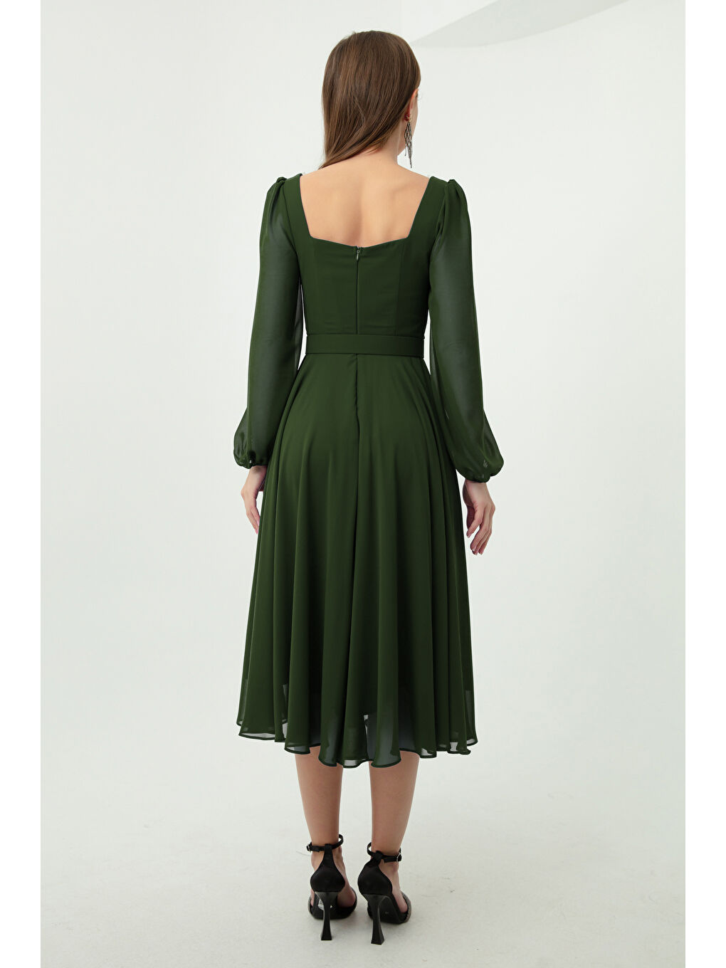 Kadın Haki Kare Yaka Kemerli Midi Şifon Abiye Elbise-4