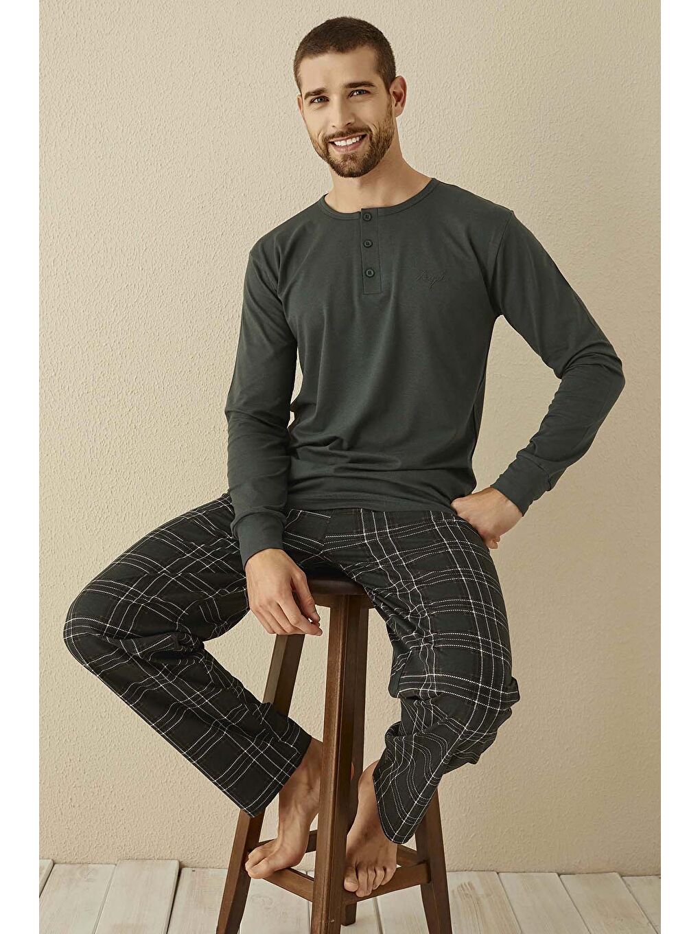 Erkek  Modal Uzun Kol Pijama Takımı 3341 Haki01-2
