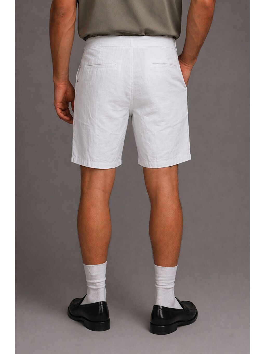 Beyaz Erkek %100 Pamuk Linen Şort Rahat Kesim Yazlık Şort-2