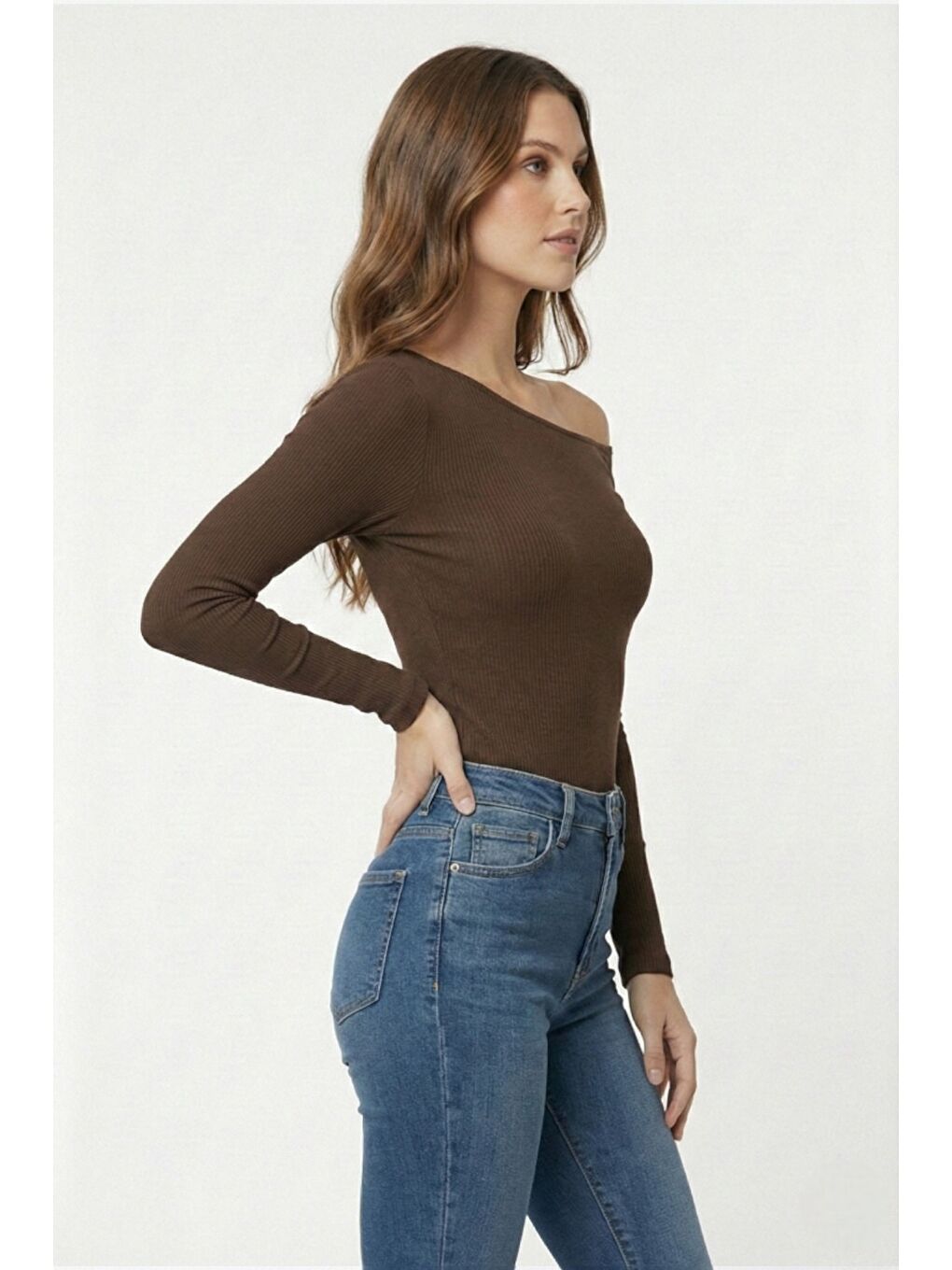Kahverengi Premium Soft Seri Vücuda Oturan Kayık Yaka Örme Bluz-2
