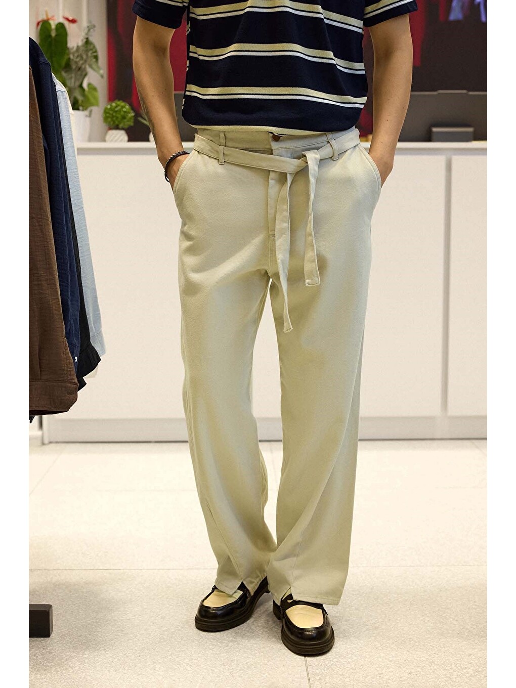 Bej Erkek Baggy Fit Yüksek Bel Kemerli Gabardin Pantolon Taş Rengi-2