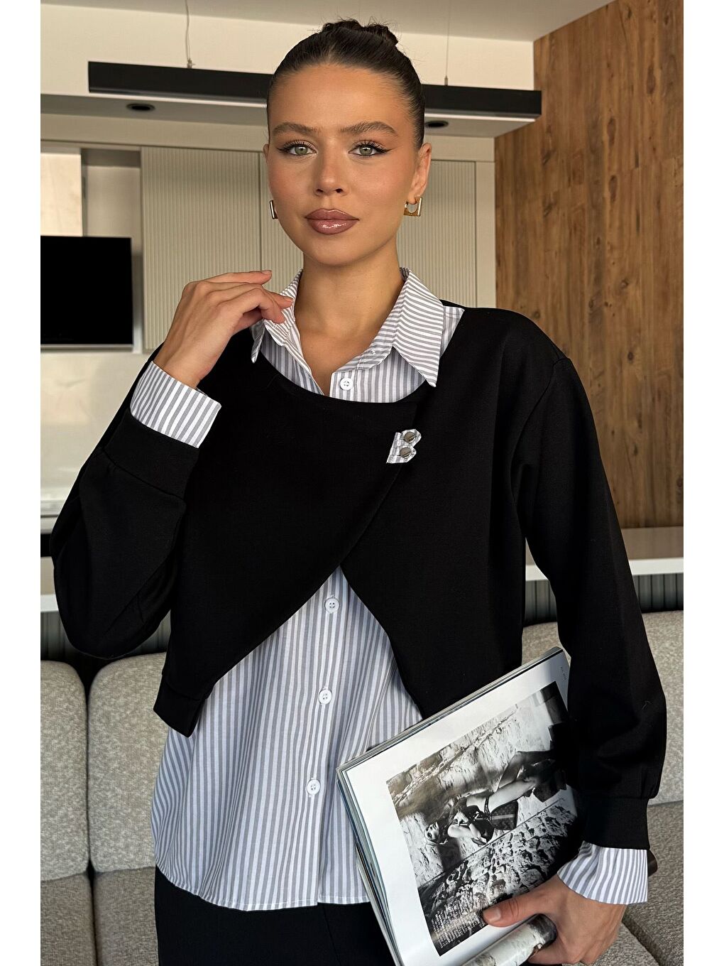 Siyah Kadın Gömlek Garnili Sweatshirt