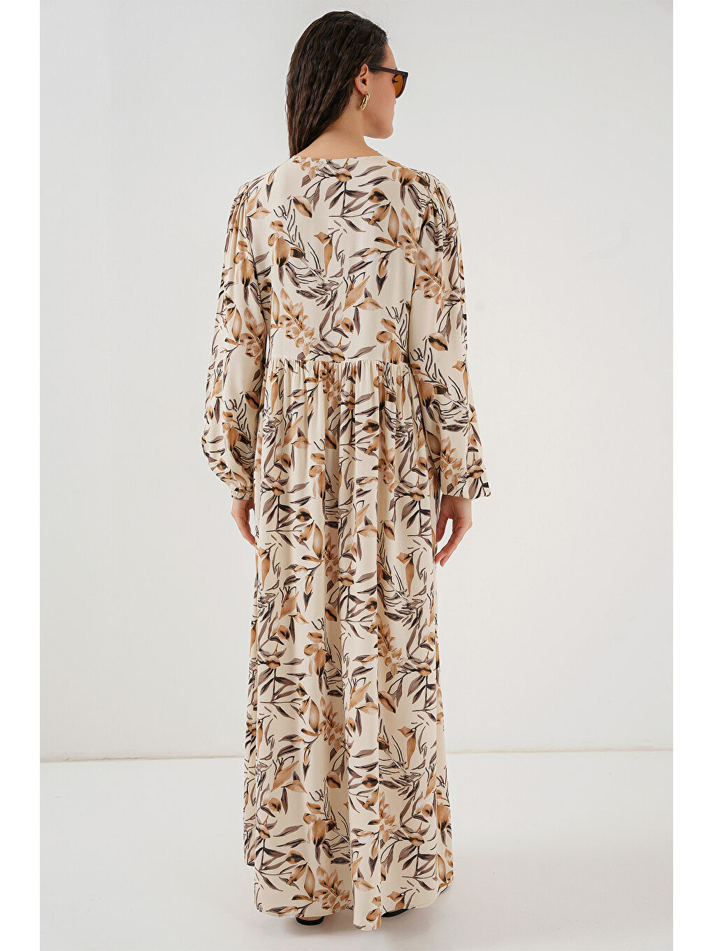 1947 Desenli Uzun Elbise - Bej-5