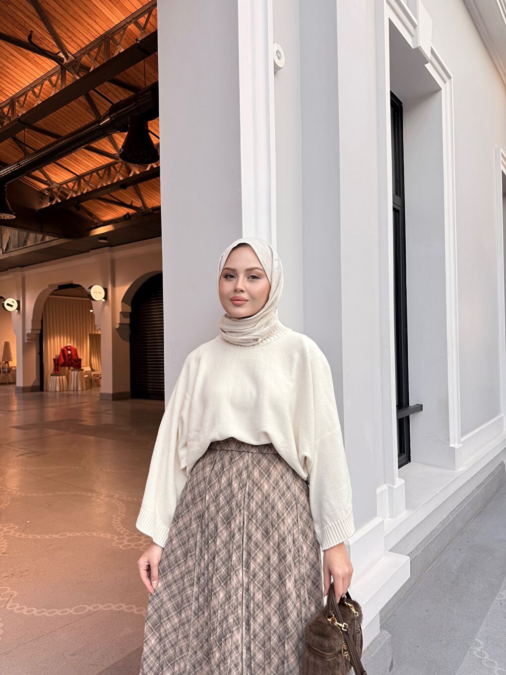 Bej Kadın Dikiş Detay Etnik Desen Beli Lastikli Şifon Etek Vizon-4