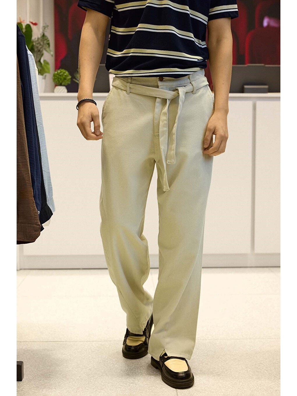 Bej Erkek Baggy Fit Yüksek Bel Kemerli Gabardin Pantolon Taş Rengi-4