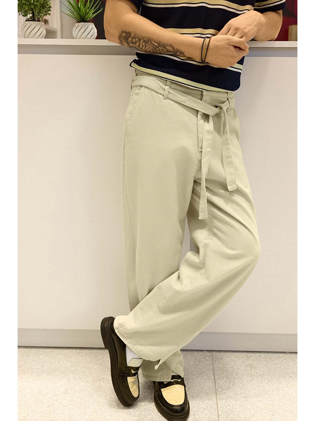 Bej Erkek Baggy Fit Yüksek Bel Kemerli Gabardin Pantolon Taş Rengi-5