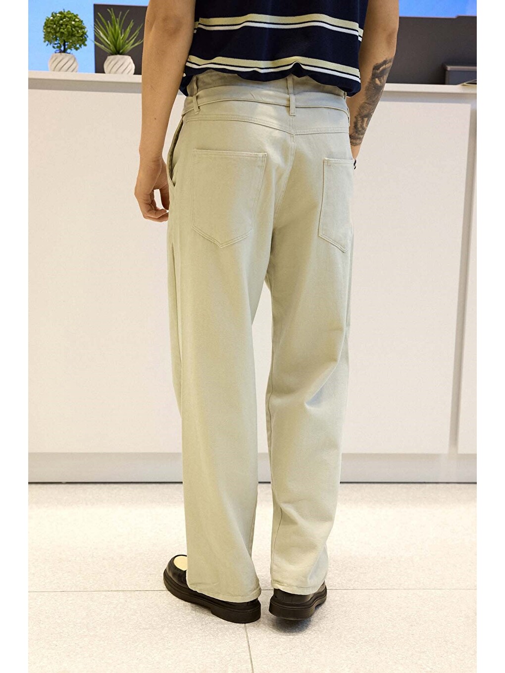 Bej Erkek Baggy Fit Yüksek Bel Kemerli Gabardin Pantolon Taş Rengi-6