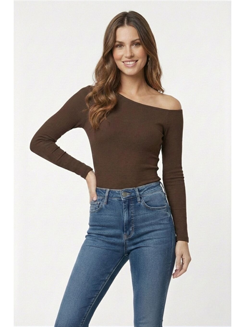 Kahverengi Premium Soft Seri Vücuda Oturan Kayık Yaka Örme Bluz-3