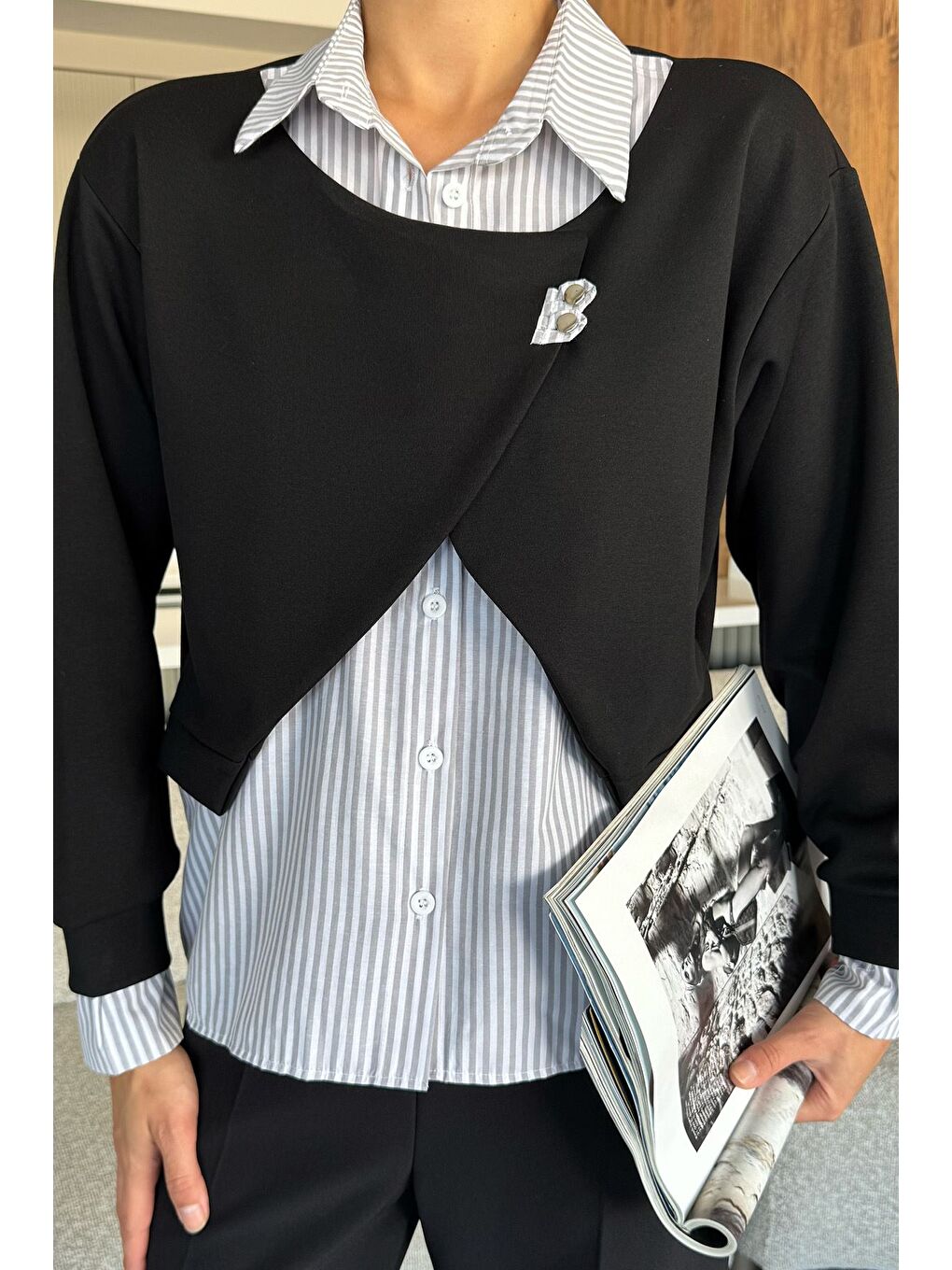 Siyah Kadın Gömlek Garnili Sweatshirt-1