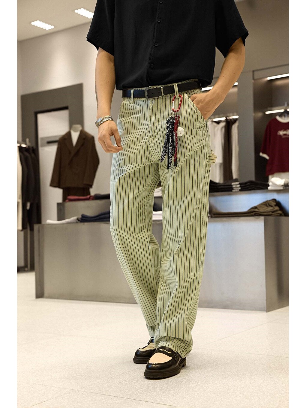 Erkek Baggy Fit Çizgili Jean Pantolon Bej-2