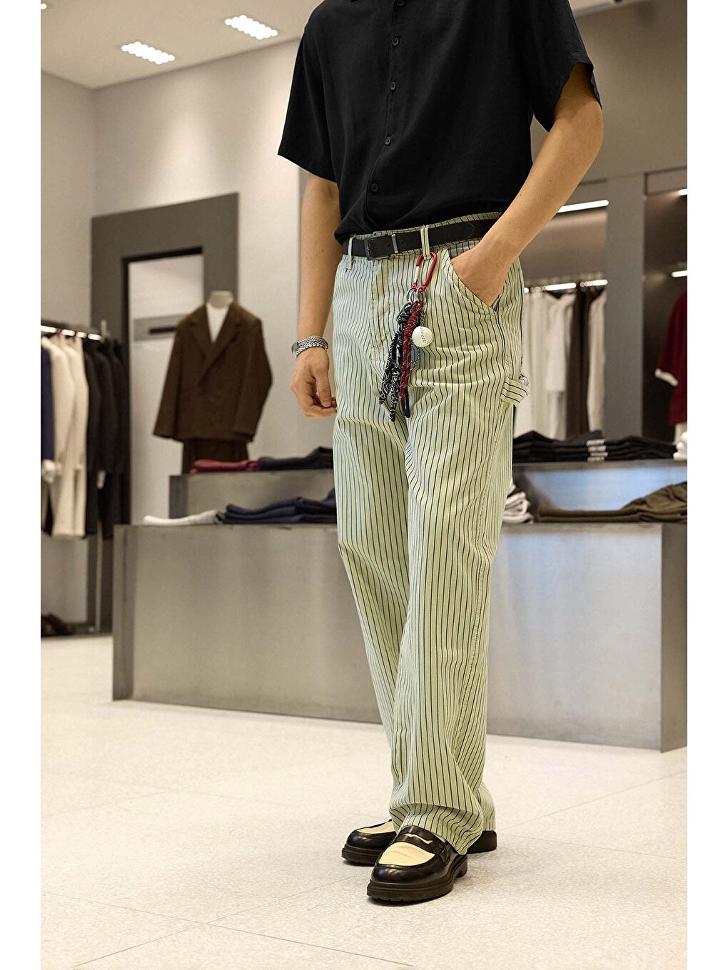 Erkek Baggy Fit Çizgili Jean Pantolon Bej-3