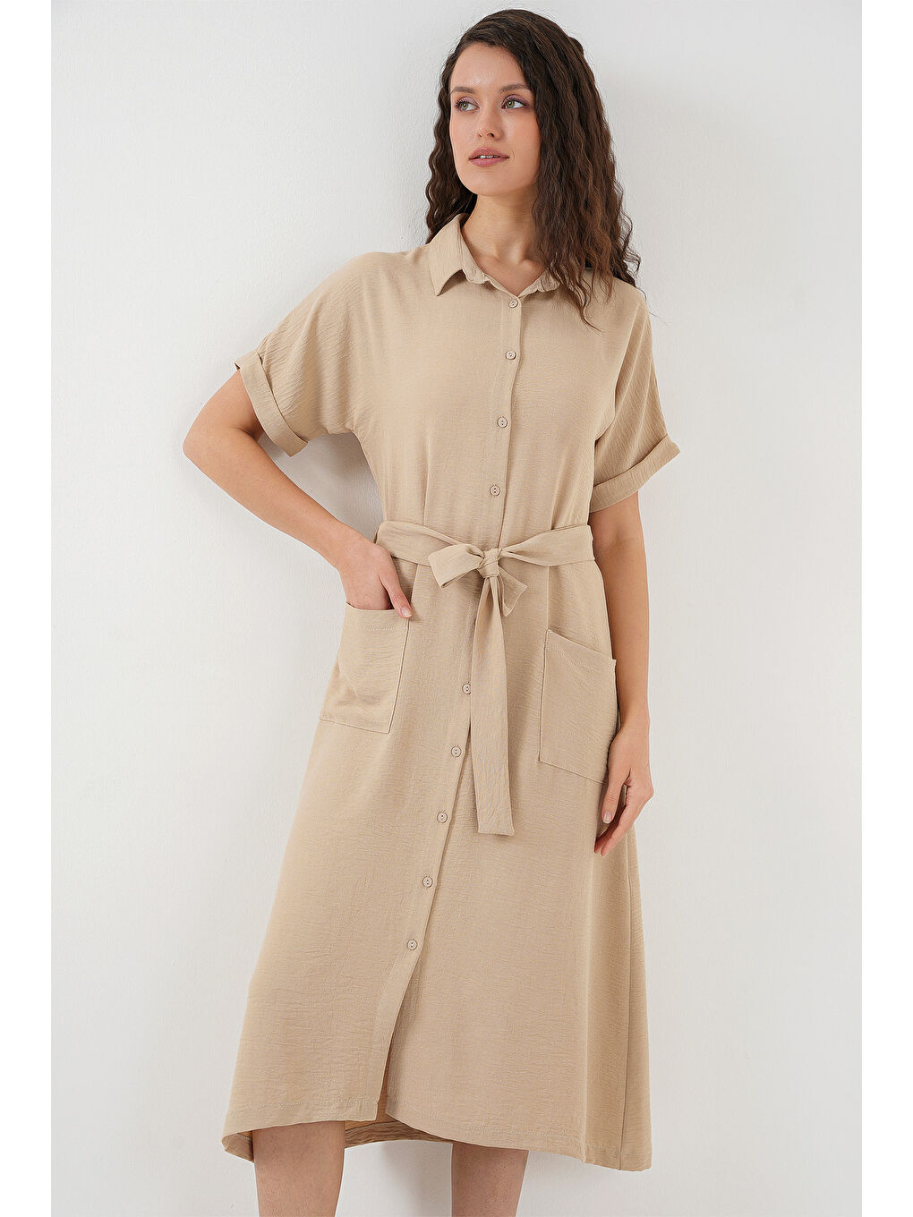 Kadın Kısa Kol Elbise 2214 - Bej-2