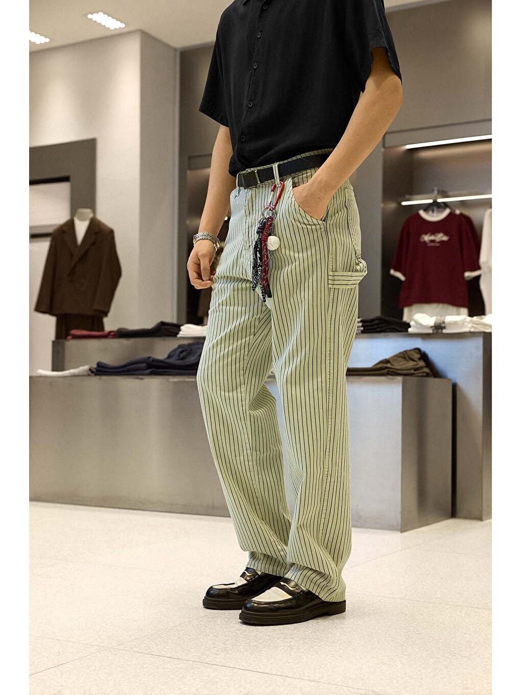 Erkek Baggy Fit Çizgili Jean Pantolon Bej-4