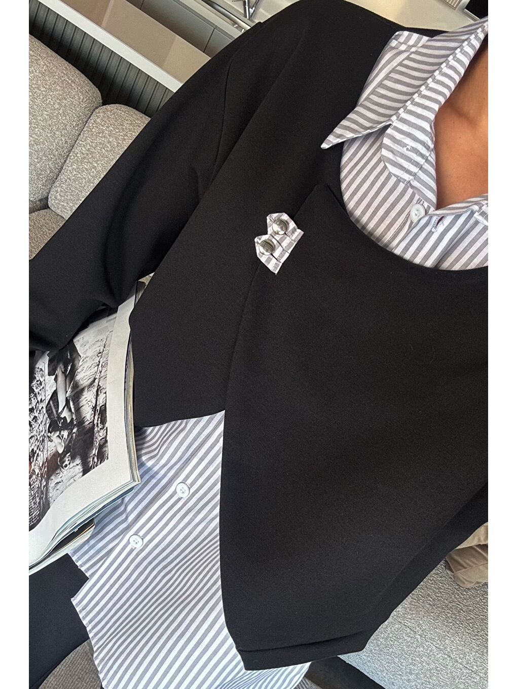 Siyah Kadın Gömlek Garnili Sweatshirt-2