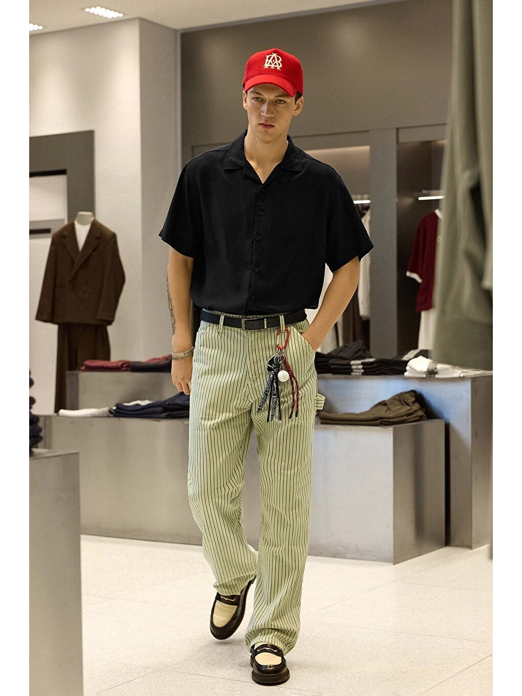 Erkek Baggy Fit Çizgili Jean Pantolon Bej-5