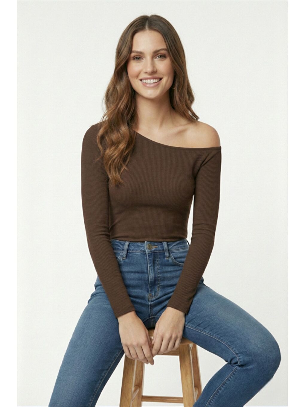 Kahverengi Premium Soft Seri Vücuda Oturan Kayık Yaka Örme Bluz-4