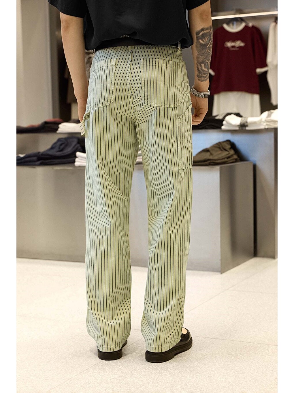 Erkek Baggy Fit Çizgili Jean Pantolon Bej-6