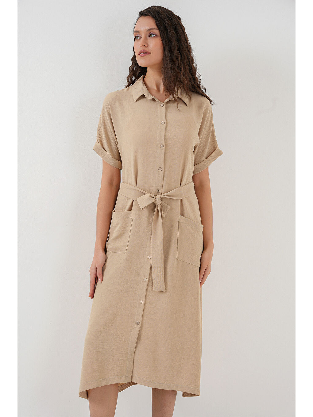 Kadın Kısa Kol Elbise 2214 - Bej-3