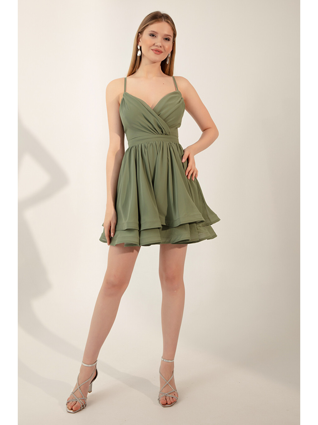 Kadın Mint Yeşili Askılı Mini Abiye Elbise-1