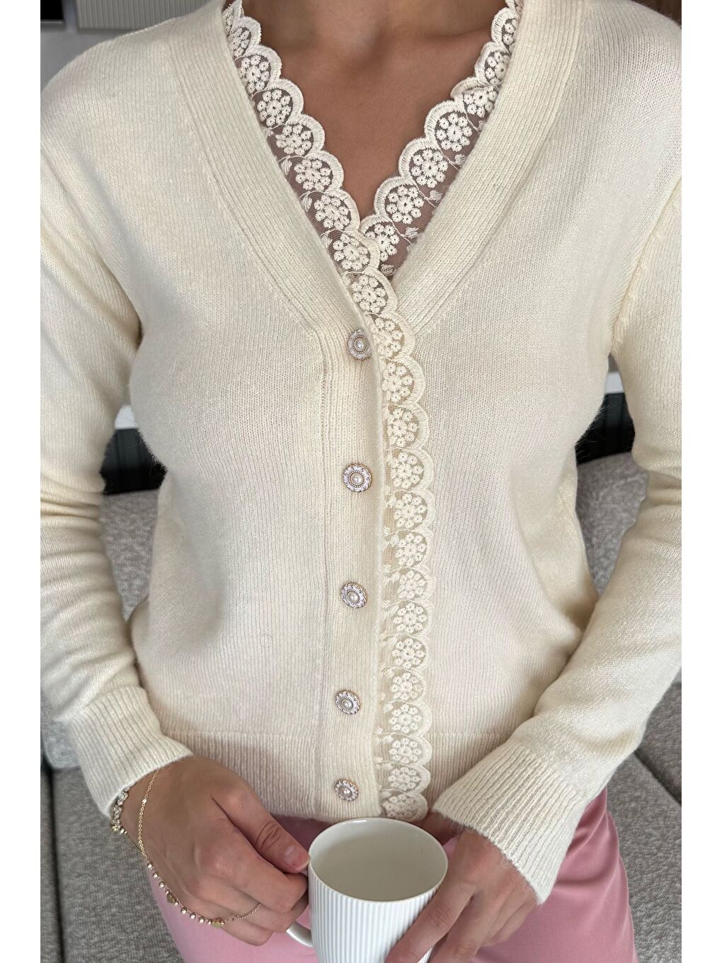 Ekru Kadın Ön Düğmeli Fistolu Triko Hırka (s-m-l-xl Beden Uyumludur.)-2