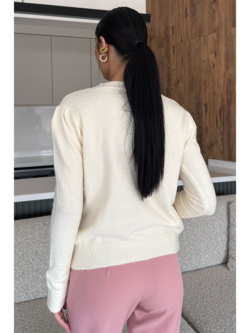 Ekru Kadın Ön Düğmeli Fistolu Triko Hırka (s-m-l-xl Beden Uyumludur.)-3