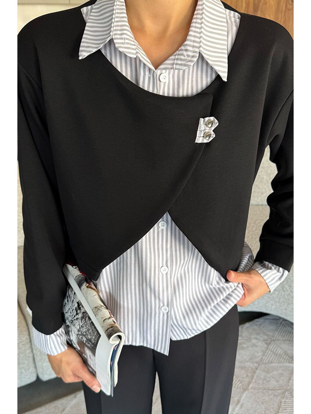 Siyah Kadın Gömlek Garnili Sweatshirt-3