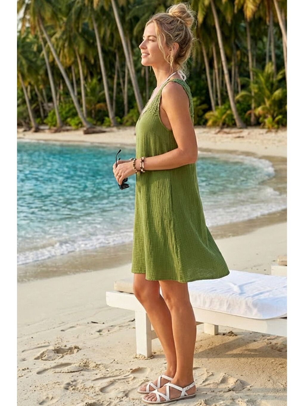 Yeşil Havuz Yaka Kolsuz Dantelli Omuz Casual Müslin Dokuma Elbise 95 63-4